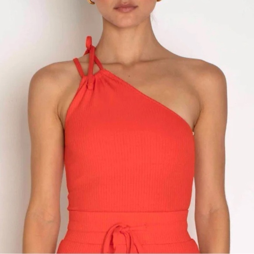 NWT The Range Alloy Rib Tied One Shoulder Tank Top Red Fuego Sz S